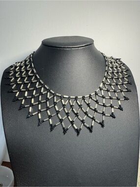 Vintage 90’s Handcrafted Black Bead Net Necklace - Elegant Statement Collar